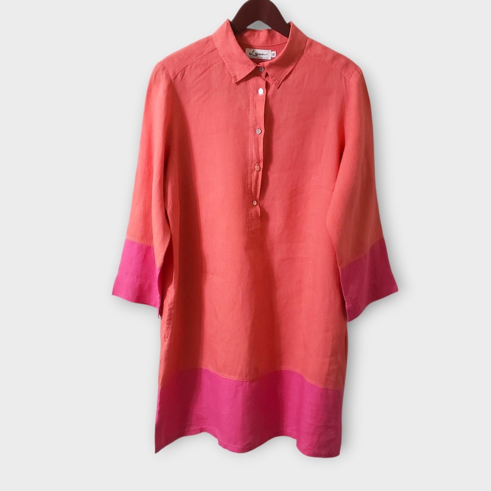 iLinen Lifestyle Womens Coral Pink Colorblock Linen Tunic Shirtdress Pockets XL